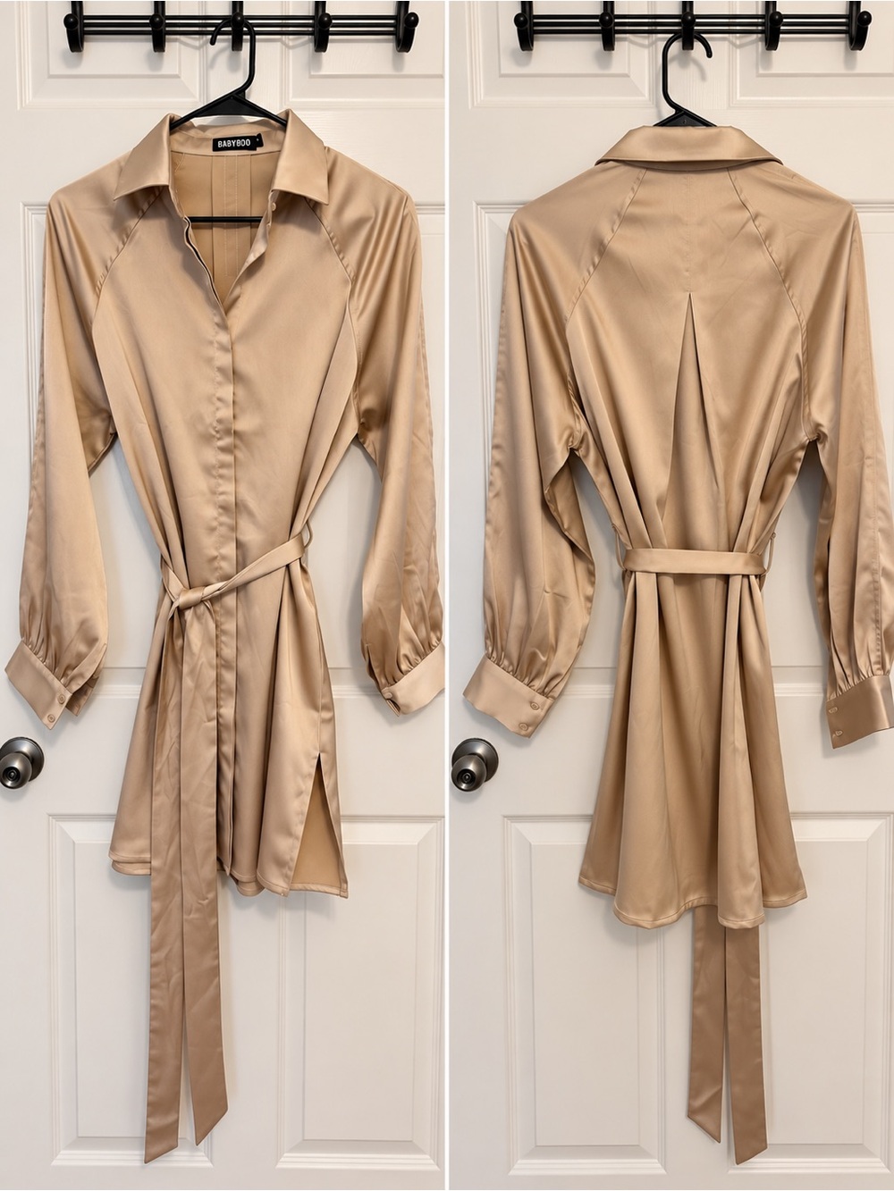 Babydoll Satin Mini Shirt Dress in Beige with Waist Tie